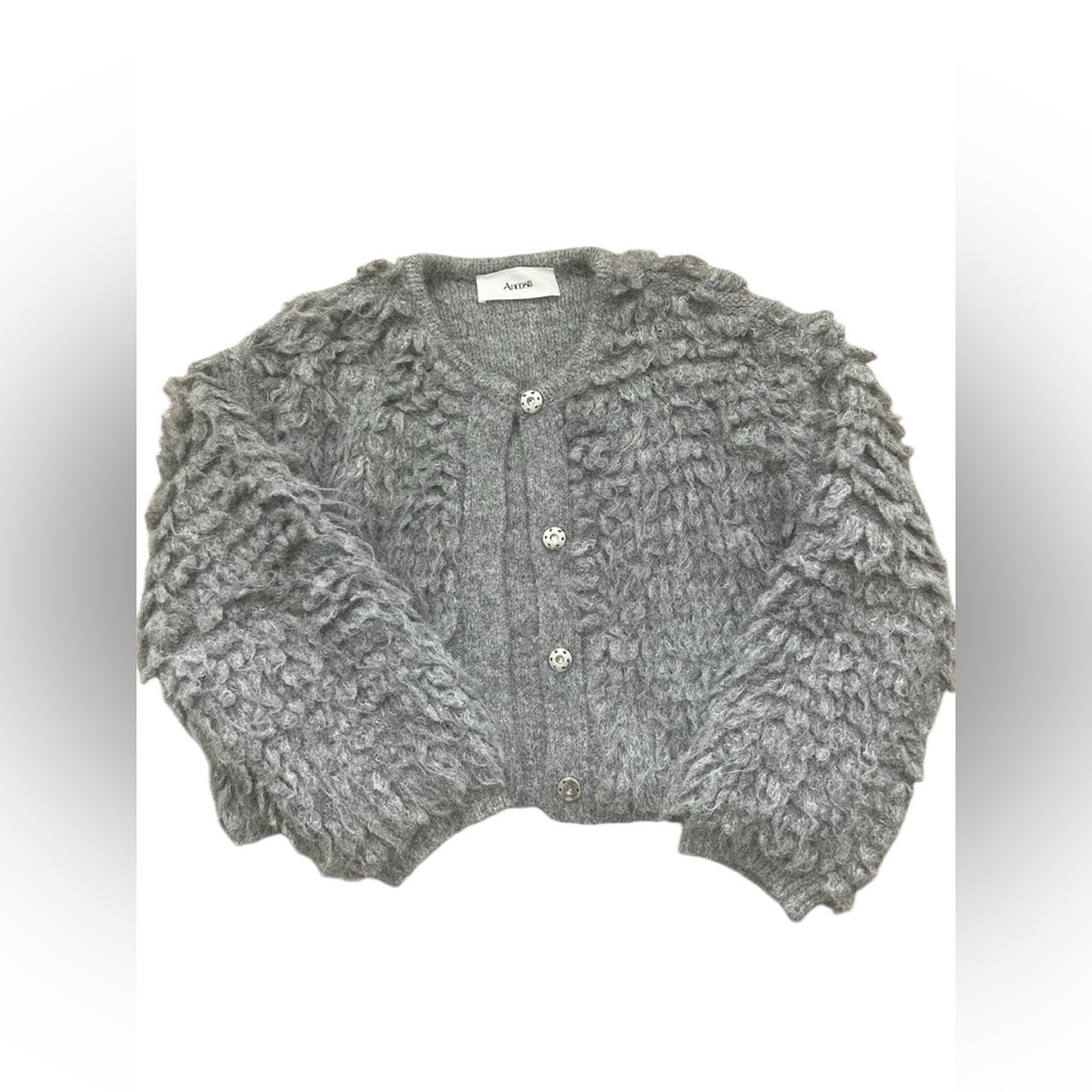 Ancosti Fuzzy Knit Cropped Cardigan | Gray, Textured Sweater, Size M - Picture 2 of 6